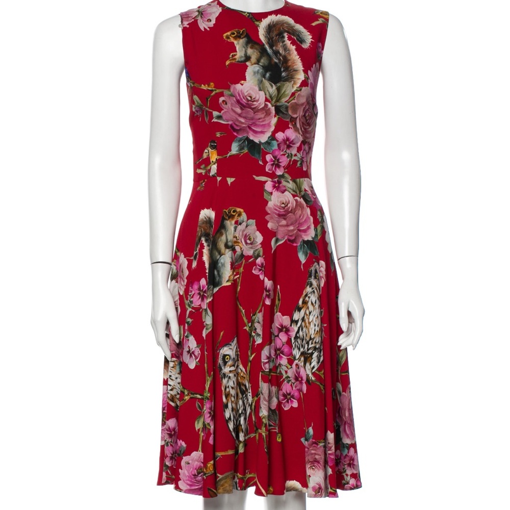 Dolce & Gabbana Red Floral and Animal Print Midi Dress